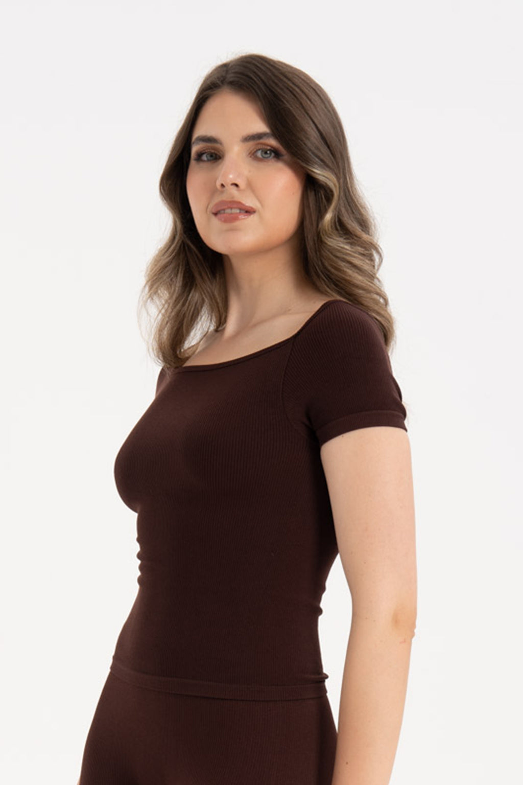 Kadın Dikişsiz Örme Fitilli Kısa Kollu Bluz 9009