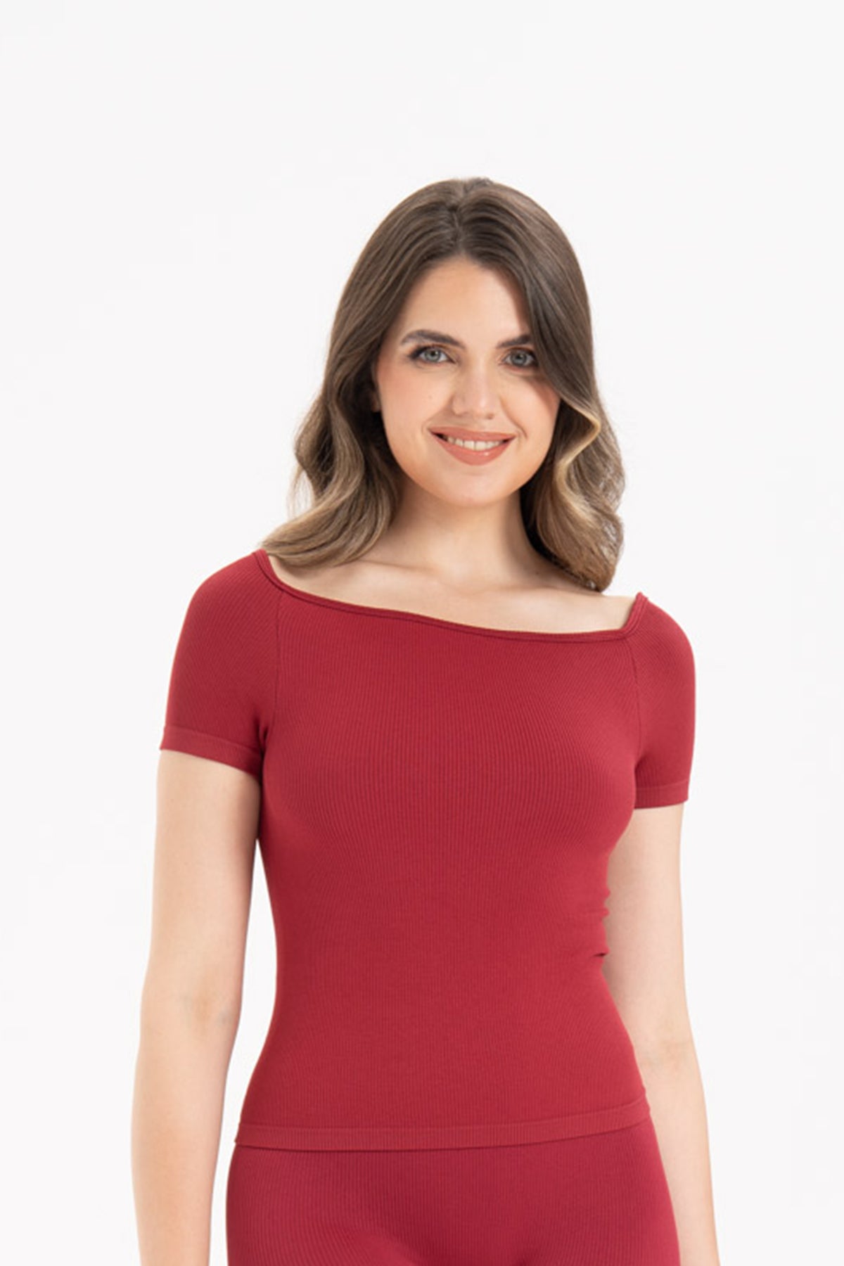 Kadın Dikişsiz Örme Fitilli Kısa Kollu Bluz 9009