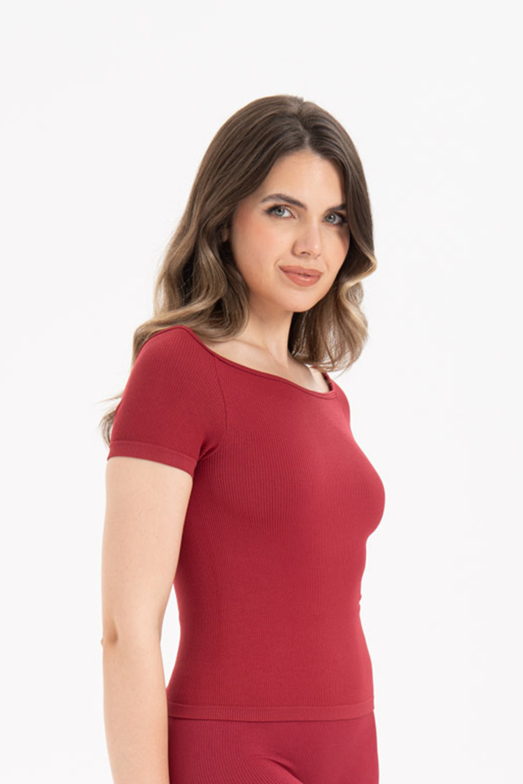 Kadın Dikişsiz Örme Fitilli Kısa Kollu Bluz 9009