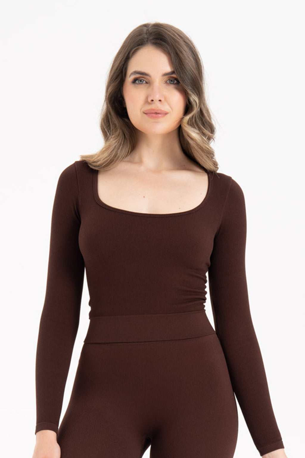 Kadın Dikişsiz Örme Fitilli Uzun Kollu Kare Yaka Bluz 9010