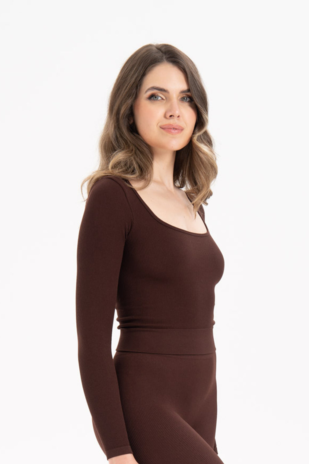 Kadın Dikişsiz Örme Fitilli Uzun Kollu Kare Yaka Bluz 9010