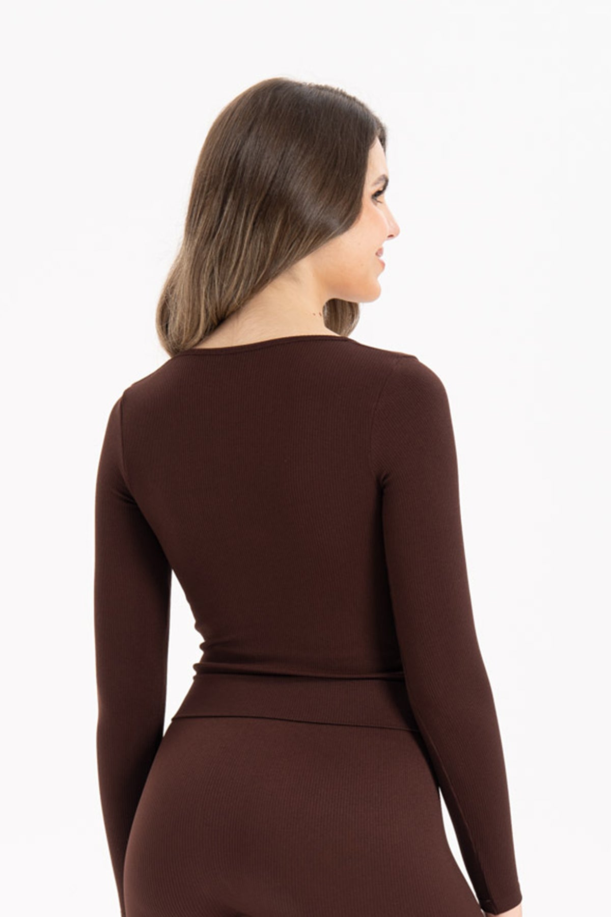 Kadın Dikişsiz Örme Fitilli Uzun Kollu Kare Yaka Bluz 9010