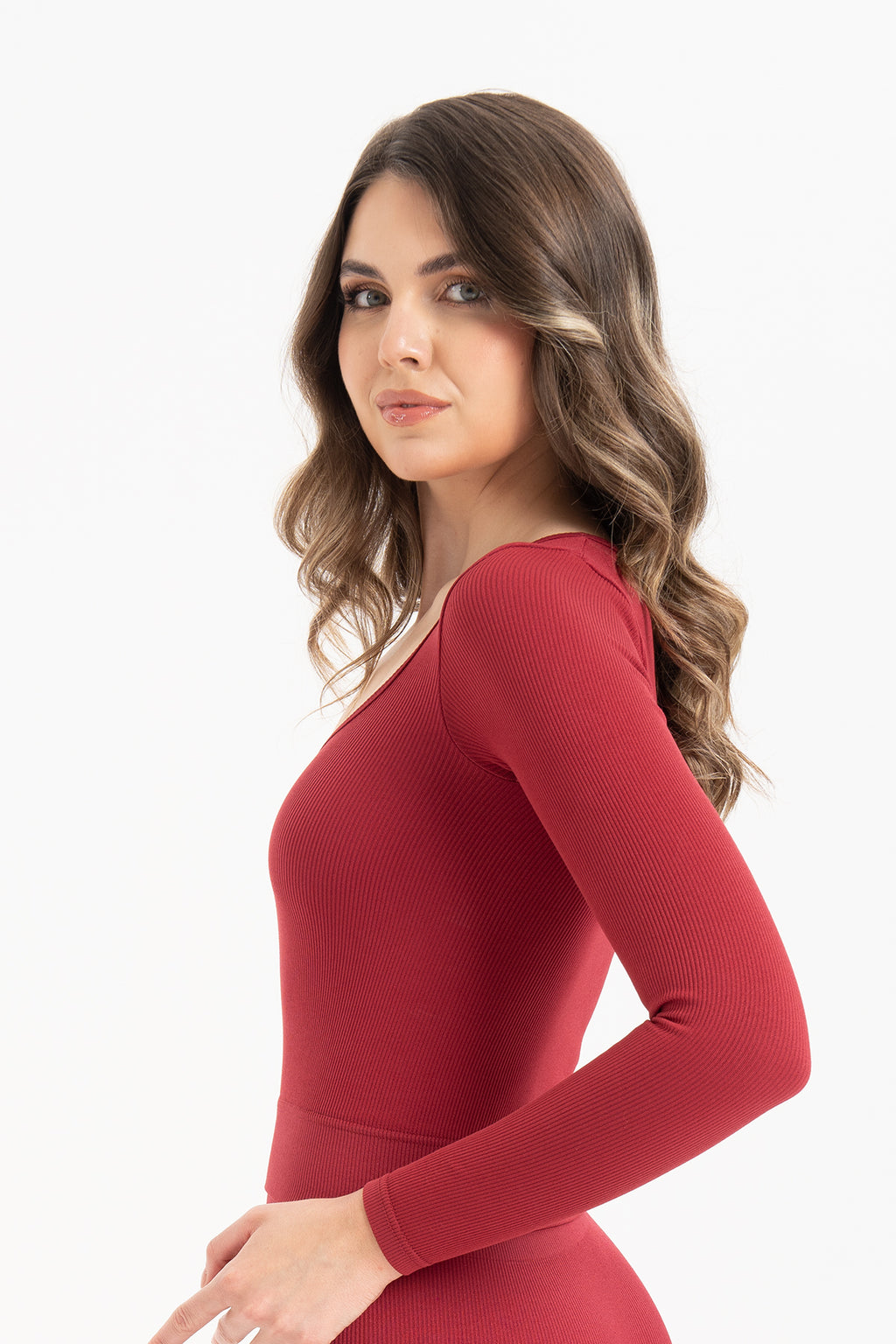 Kadın Dikişsiz Örme Fitilli Uzun Kollu Kare Yaka Bluz 9010