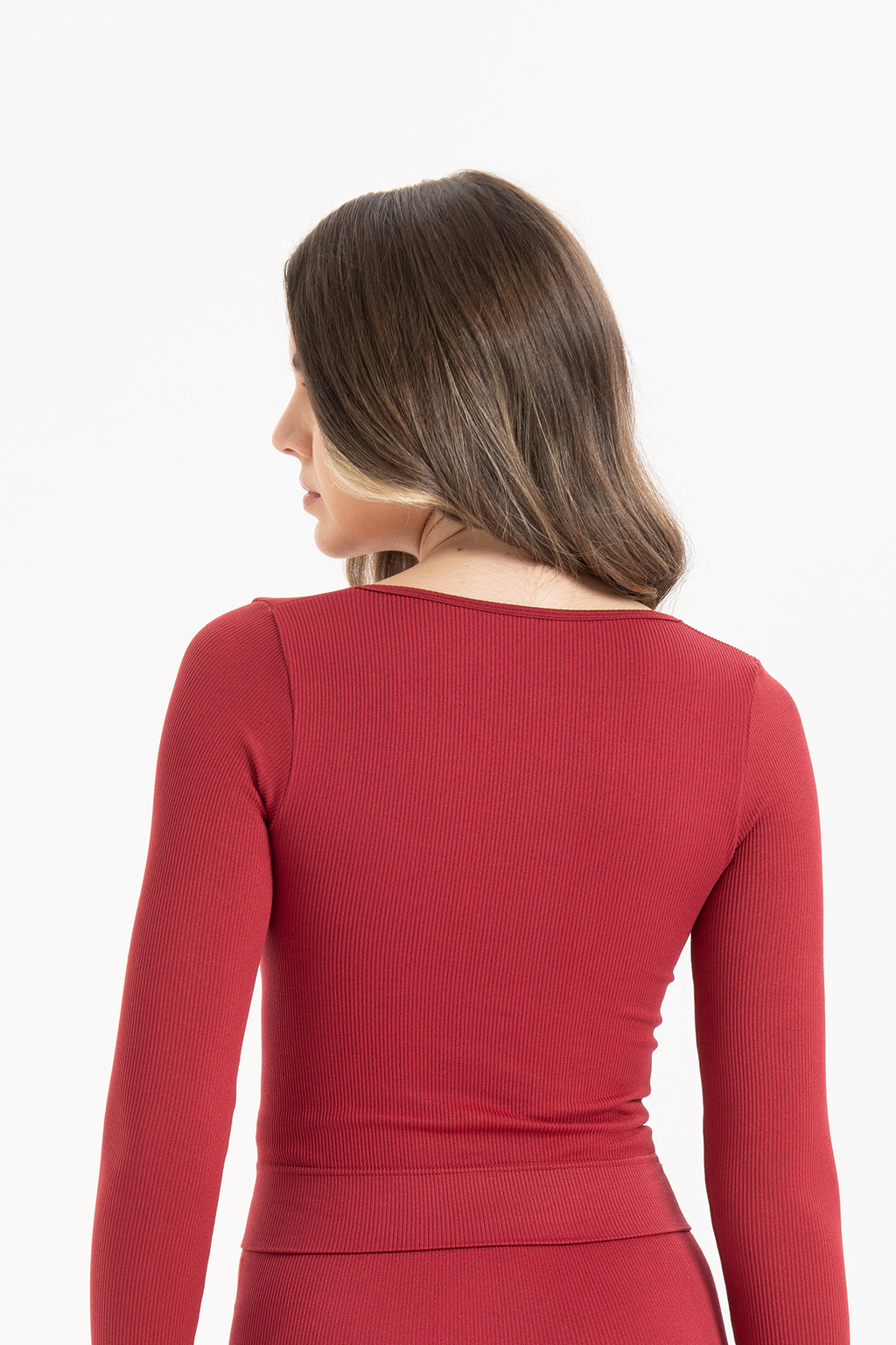 Kadın Dikişsiz Örme Fitilli Uzun Kollu Kare Yaka Bluz 9010