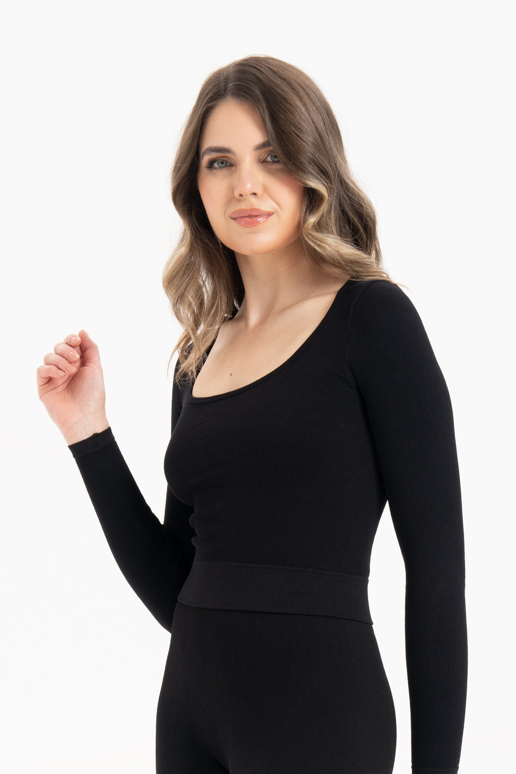 Kadın Dikişsiz Örme Fitilli Uzun Kollu Kare Yaka Bluz 9010