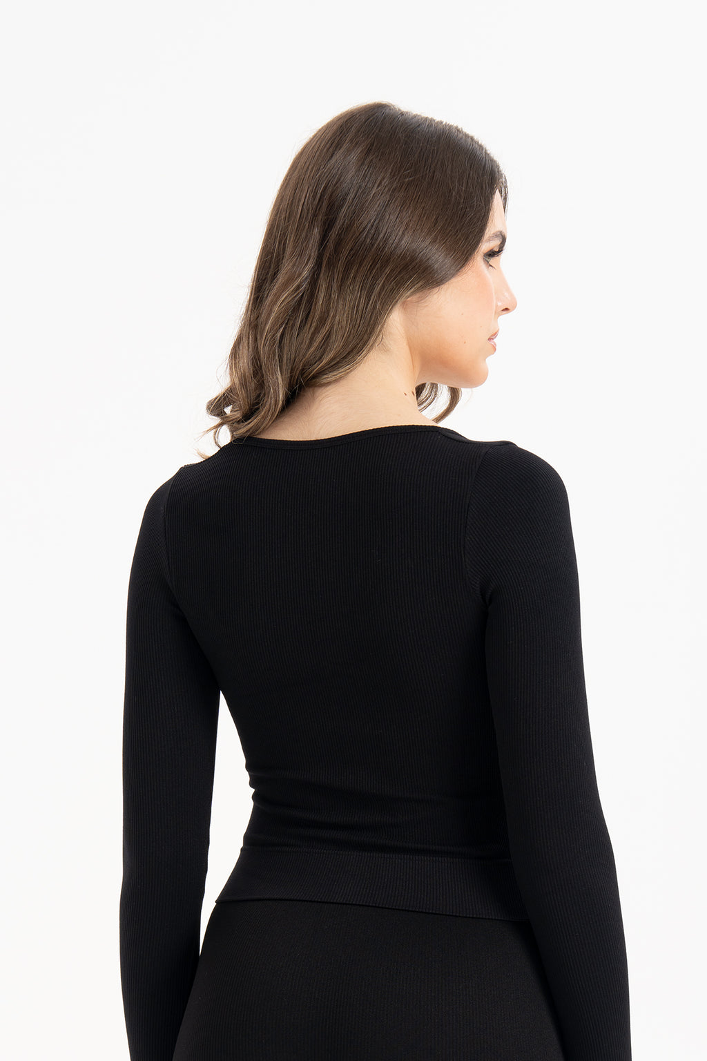 Kadın Dikişsiz Örme Fitilli Uzun Kollu Kare Yaka Bluz 9010