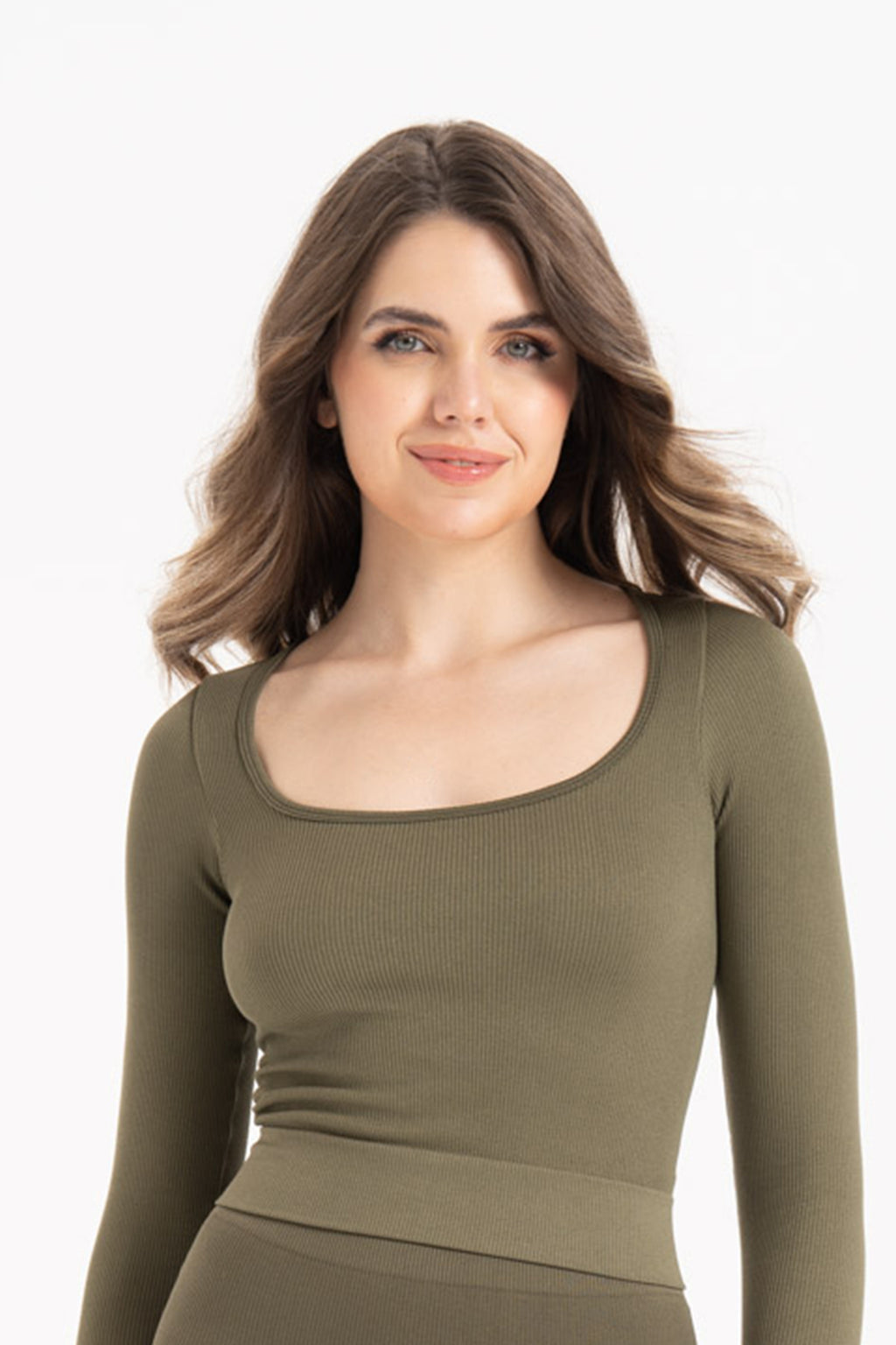 Kadın Dikişsiz Örme Fitilli Uzun Kollu Kare Yaka Bluz 9010