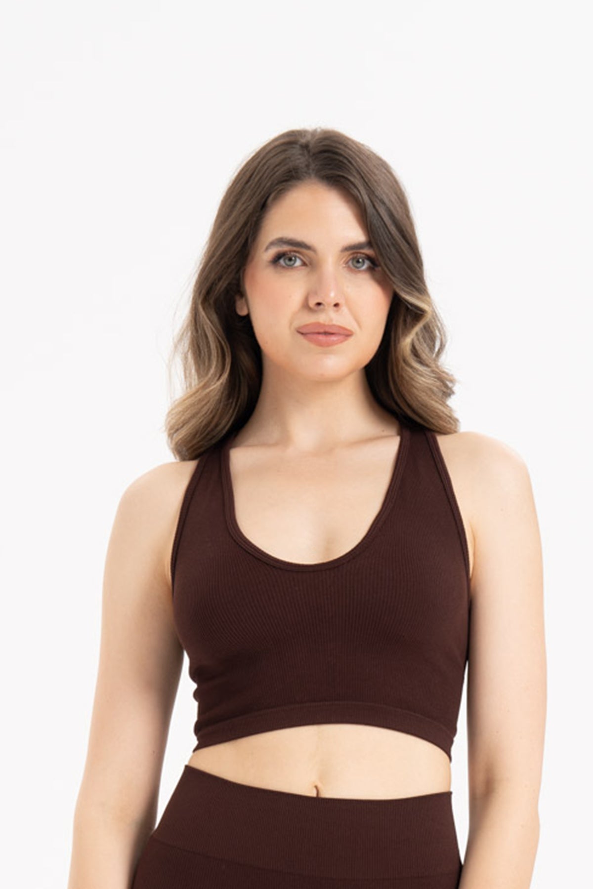 Kadın Dikişsiz Örme Fitilli U Yaka Spor Büstiyer 9011