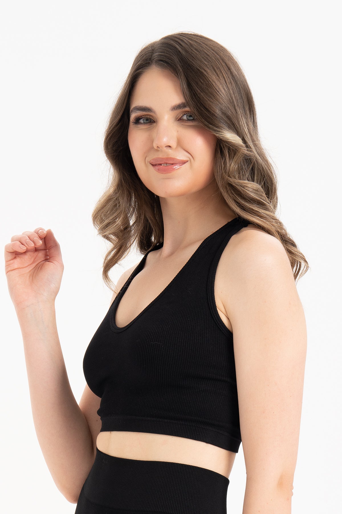 Kadın Dikişsiz Örme Fitilli U Yaka Spor Büstiyer 9011