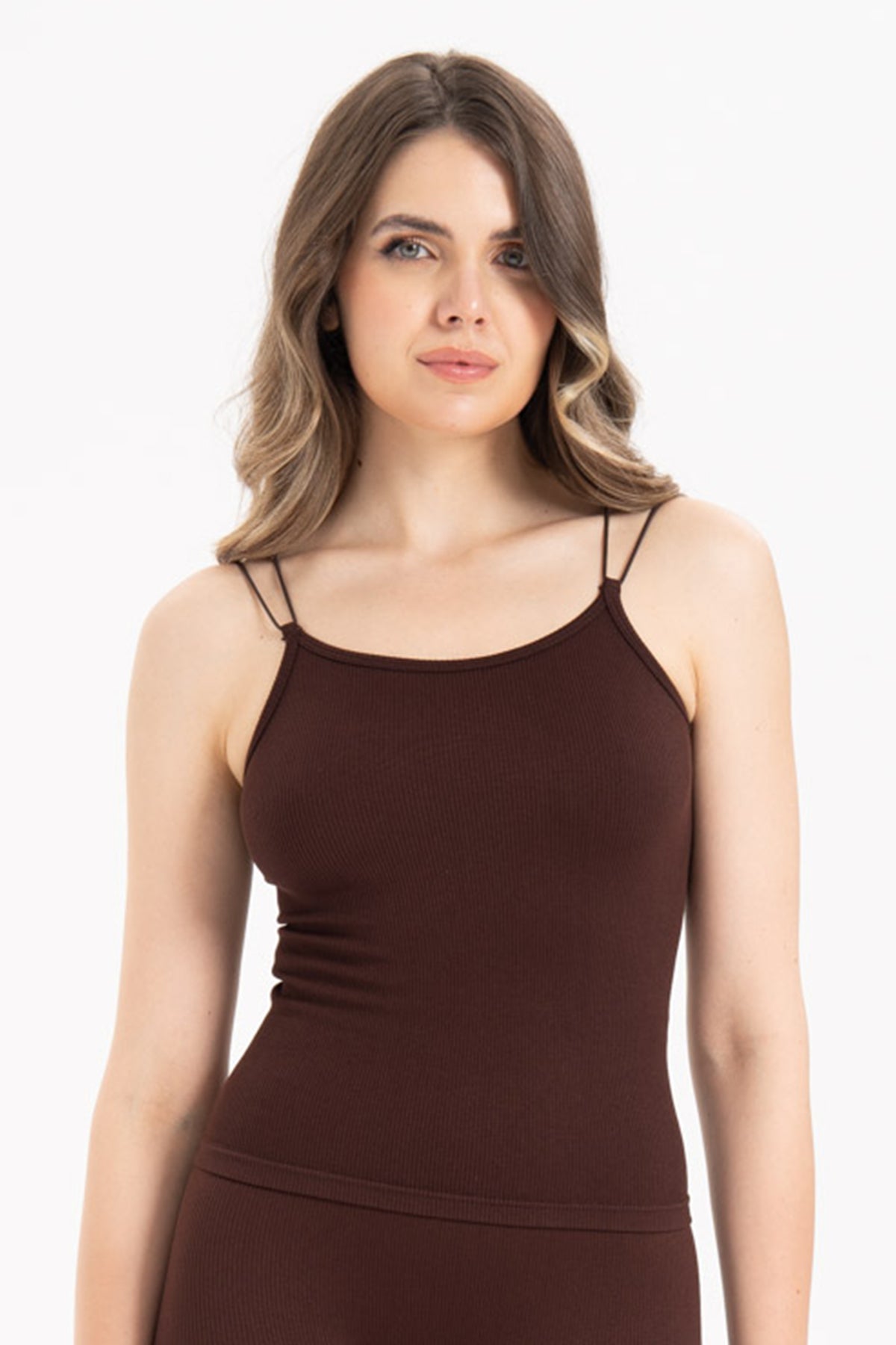 Kadın Dikişsiz Örme Fitilli Kolsuz İp Askılı Bluz 9012