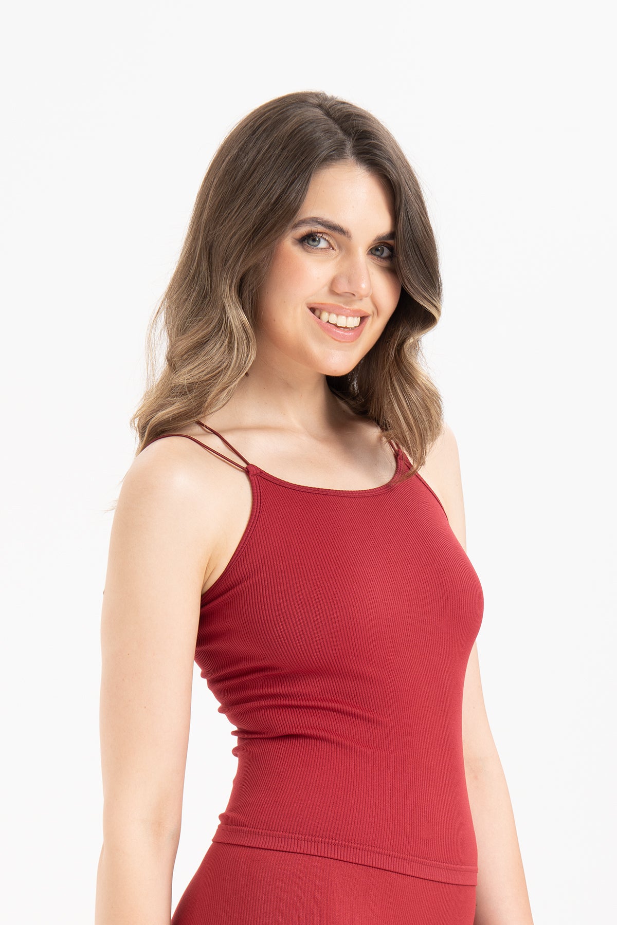 Kadın Dikişsiz Örme Fitilli Kolsuz İp Askılı Bluz 9012